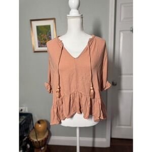 Umgee USA peach boho ruffle hem hooded top, size small